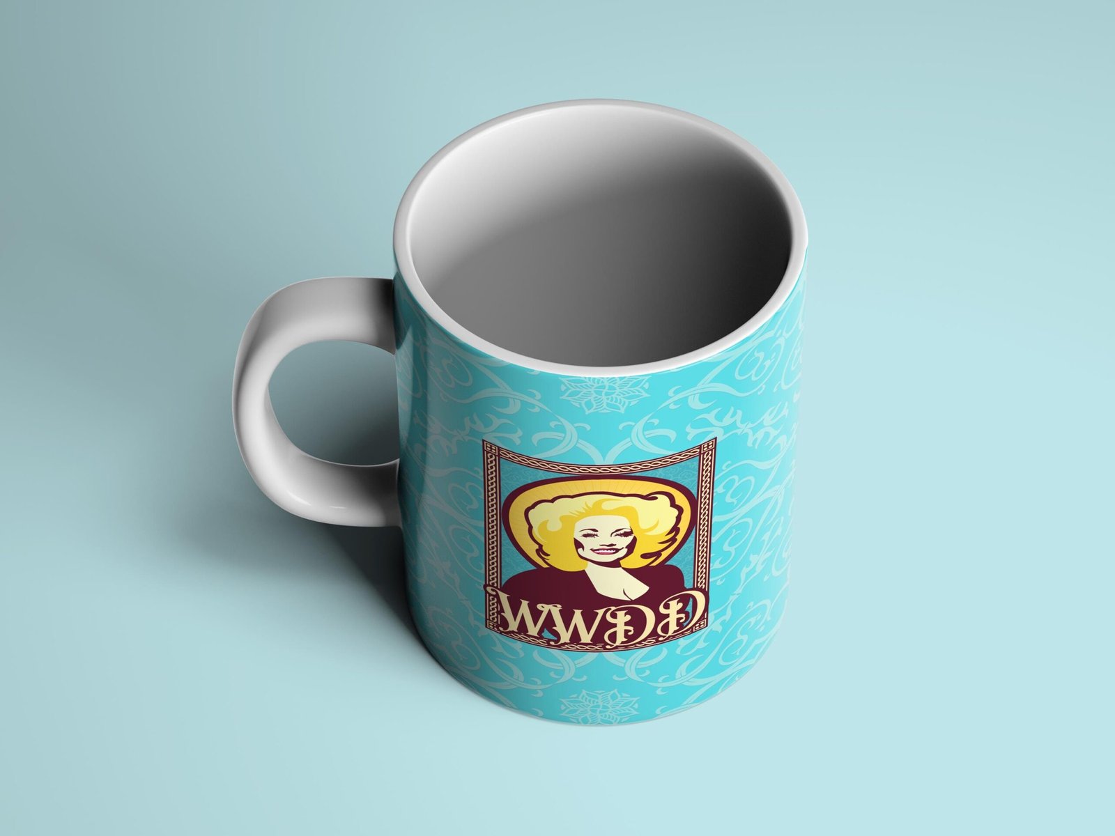 Vintage-Inspired Dolly Parton Mug with Teal Design and Illustrated Portrait - Image 3