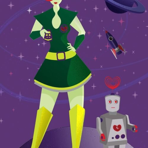 Vibrant Retro-Futuristic Space Heroine Illustration on Premium Watercolor Paper - Cosmic Background, Quirky Robot - 13x19