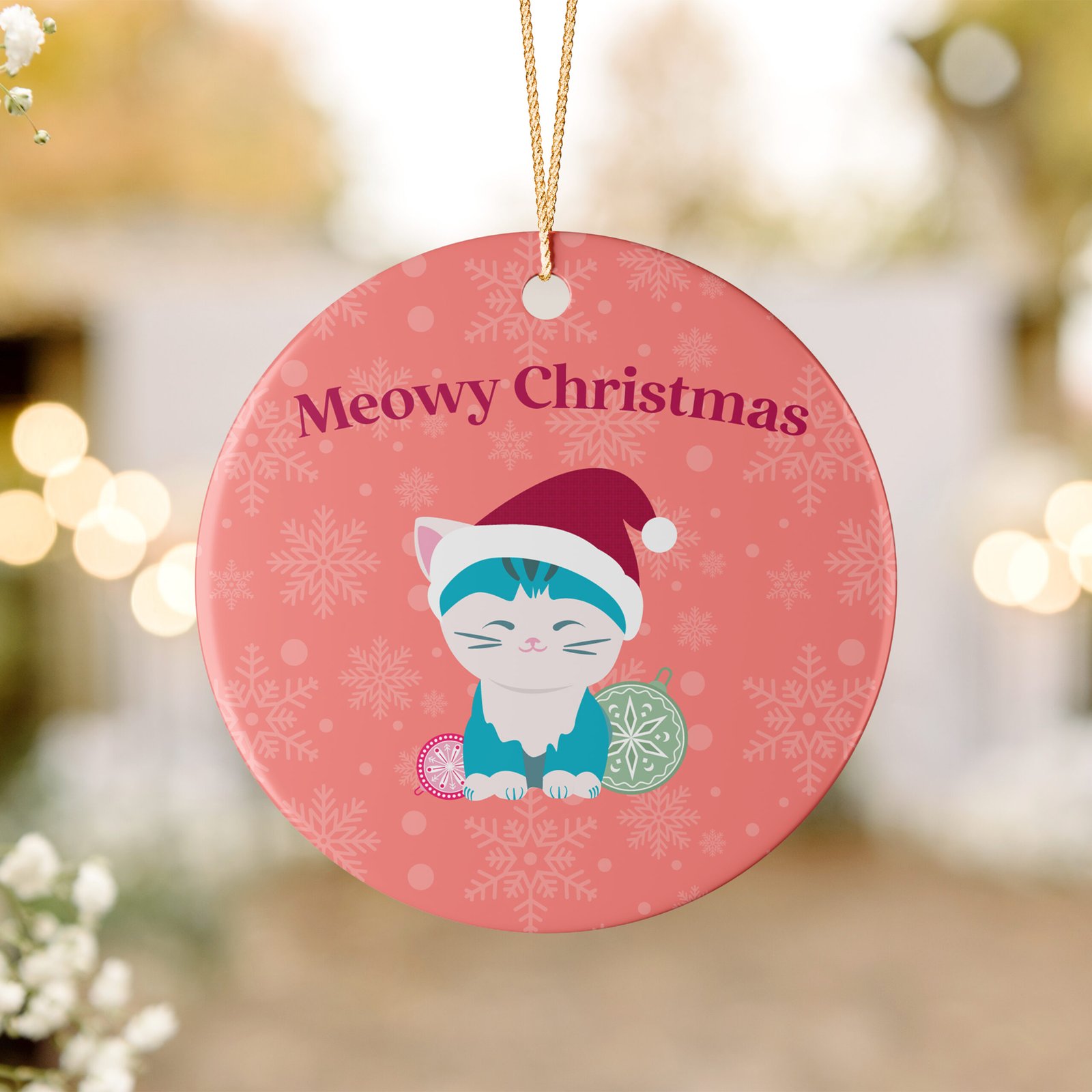 Meowy Christmas Ceramic Ornament – Cute Holiday Cat Décor - Bluepop Art